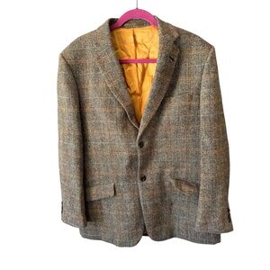 Harris Tweed Blazer Herringbone Brown Wool 42L Windowpane